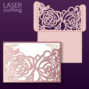 Laser cut wedding invitation card template vector with roses pattern. Invitation pocket envelope. Wedding lace invitation mockup. Template for cutting.