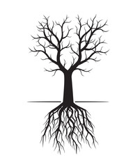 Black naked Tree with Roots. Vector Illustration and graphic element.