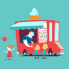 
Two boys are buying ice cream from food truck. Vector illustration isolated on turquoise background.