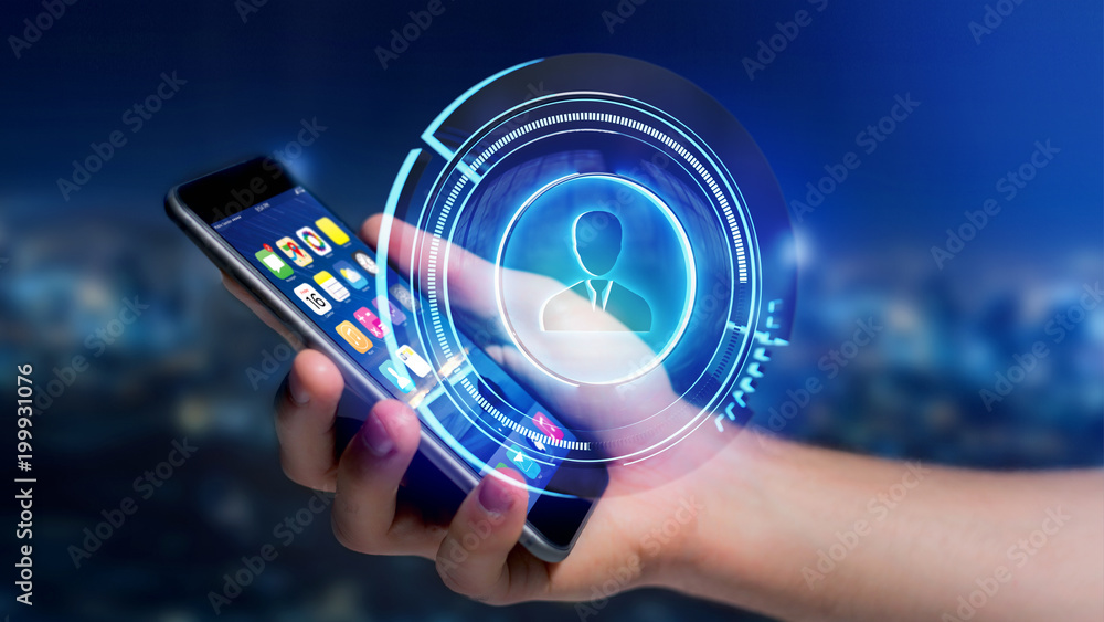 Poster businessman using a smartphone with a shinny technologic network contact button - 3d render