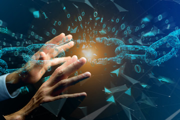 Weak link of a Broken blockchain exploding - 3d render