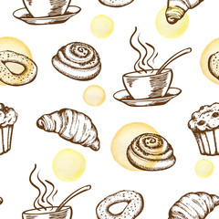 Pattern with coffee cup and croissant
