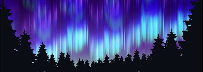 Winter christmas night banners set. Sunset and dawn. Pink clouds with stars and sunlight, dark forest. Colorful Northern Lights. Christmas New Year Style. Greeting card. Vector illustration. EPS 10.