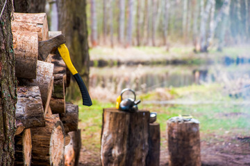 Hatchet for chopping wood in a summer camping