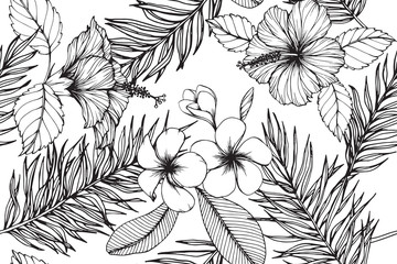 Hawaiian pattern seamless background with flower and leaf  drawing illustration.  - obrazy, fototapety, plakaty