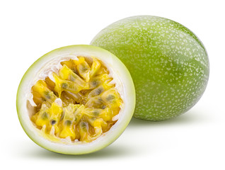 Green passion fruit, maracuya isolated on white background with shadow
