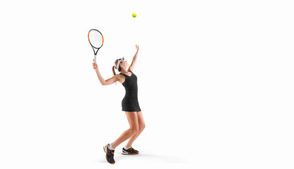 one young caucasian tennis woman isolated in silhouette on white background