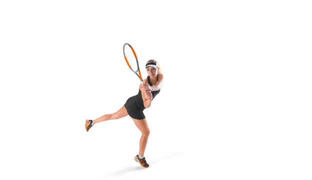 One Young Caucasian Tennis Woman Isolated In Silhouette On White Background