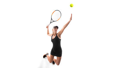 Fototapeta na wymiar one young caucasian tennis woman isolated in silhouette on white background