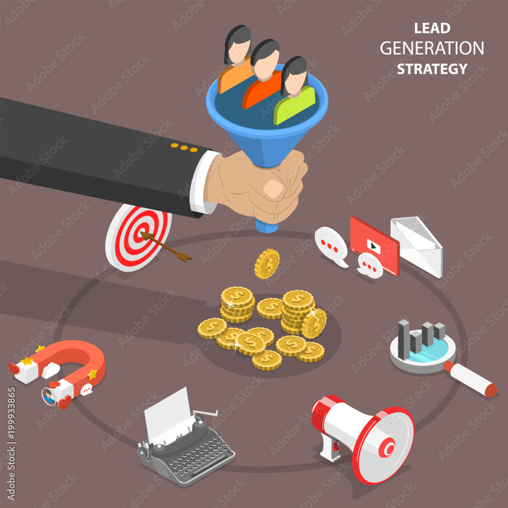 Poster lead generation strategy flat isometric vector concept. marketing process of conversion rate optimiz