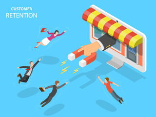 Online store customer retention flat isometric vector concept. Hand with magnet has appeared from the PC monitor attracting people from everywhere.