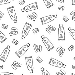 Seamless pattern with hand drawn beauty products.