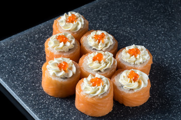 Set of sushi rolls of fresh fish salmon trout with cheese Philad