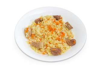 Cooked pilaf on dish on a white background