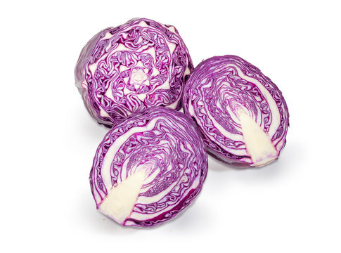 Different halves of the red cabbage on a white background