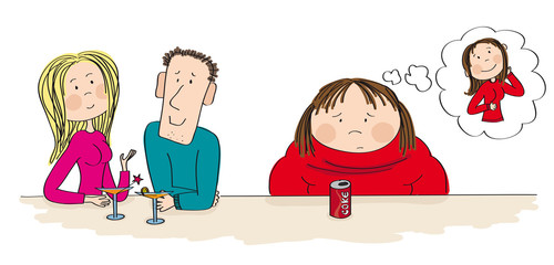Young dating couple sitting in the bar, drinking cocktail. Fat woman sitting next to them with coke in front of her, feeling sad and alone, dreaming about slim figure. Original hand drawn illustration