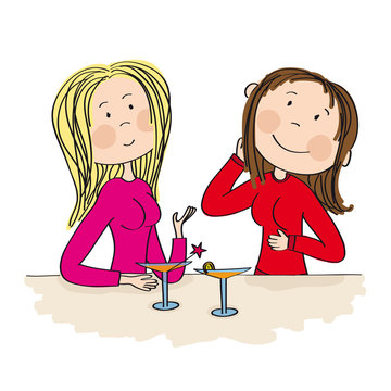 Two young women sitting in the bar, drinking cocktail and chatting (gossiping). Original hand drawn illustration.