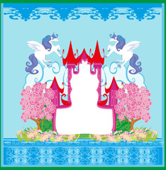 Beautiful unicorn and fairy-tale princess castle frame