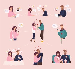 Collection of man and woman using website or mobile application for dating or searching for romantic partner on internet. Cute couple that met online. Flat cartoon colorful vector illustration.