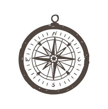 Magnetic compass hand drawn with black contour lines on white background