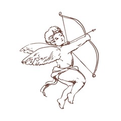 Fototapeta premium Drawing of adorable Cupid with bow aiming or shooting arrow isolated on white background