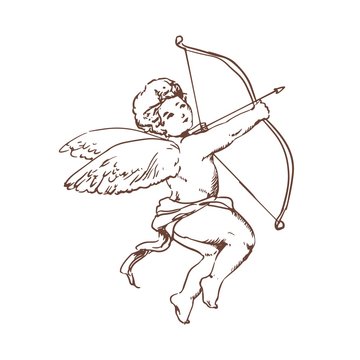 Drawing of adorable Cupid with bow aiming or shooting arrow isolated on white background