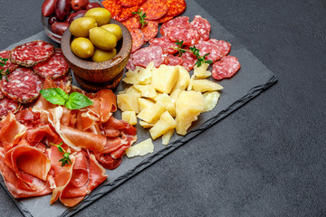 Meat and cheese plate with salami sausage, chorizo, parma and parmesan cheese