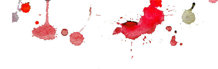 Pink red watercolor splashes and blots on white background. Ink painting. Hand drawn illustration. Abstract artwork.