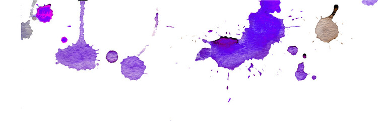 Purple blue watercolor splashes and blots on white background. Ink painting. Hand drawn illustration. Abstract watercolor artwork. 