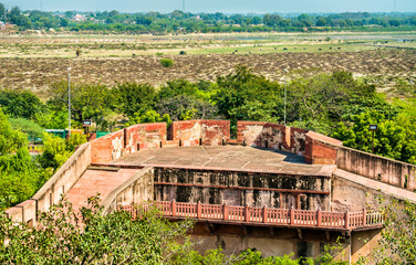 Defensive walls of Agra Fort. UNESCO heritage site in India