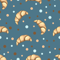 Seamless pattern with beige croissants on blue background. Bakery and patisserie design. Traditional French breakfast, delicious dessert. Vector food illustration. For poster, wrapping paper, textile.