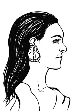 Beautiful Woman With Long Black Hair. Female Face In Profile. Fashion Icon For Beauty Salon. Profile Of Sensual Young Girl On White Background. Black Line Drawing. Isolated Vector Illustration. EPS.