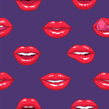 Seamless pattern with puffy female lips on purple background, symbol of love and passion