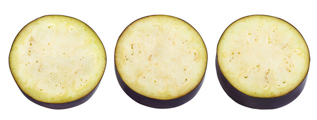 Fresh sliced eggplant isolated on white background  with clipping path