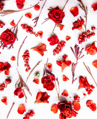 Beautiful passionate vivid flat lay of red flowers and red currant on the white background