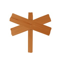 Signpost or billboard made of pair of crossed rough wooden planks and pole nailed together