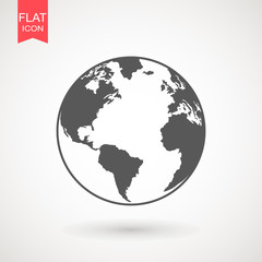 Earth planet world globe map icon. Flat illustration of continent on planet icon isolated on white background. Flat planet Earth icon. Vector illustration.