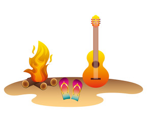 beach with guitar flip flops and campfire vector illustration design