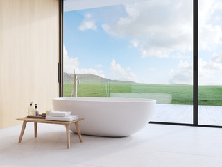 new modern bathroom with a nice view. 3d rendering