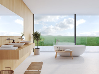 new modern bathroom with a nice view. 3d rendering