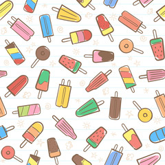 Cute seamless summer pattern with variety fruit ice cream background hand-drawn illustration seamless pattern background vector format