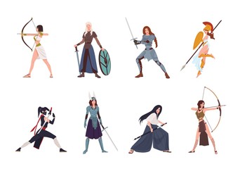 Fototapeta na wymiar Collection of female warriors from Scandinavian, Greek, Egyptian, Asian mythology and history. Set of women wearing armor and holding weapons isolated on white background. Cartoon vector illustration.