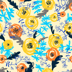 Cute floral seamless pattern. Background with hand drawn flowers and plants