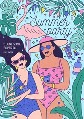 Flyer, invitation or poster template for summer party with happy women in swimsuits holding exotic cocktails and surrounded by tropical foliage. Vector illustration for outdoor event advertisement.