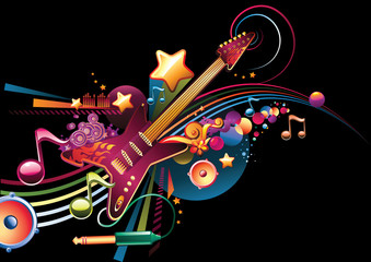 Guitar on color musical background