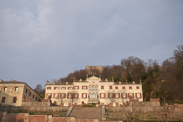 Fototapeta na wymiar Asolo, Italy - March 26, 2018 : View of Villa Scotti Pasini and the Rocca in the background