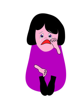 Cartoon funny girl sits and cries,  sobs, embracing her knees with one hand, and the second wiping away her tears. The crying sad face of the character says that she is hurt or sad