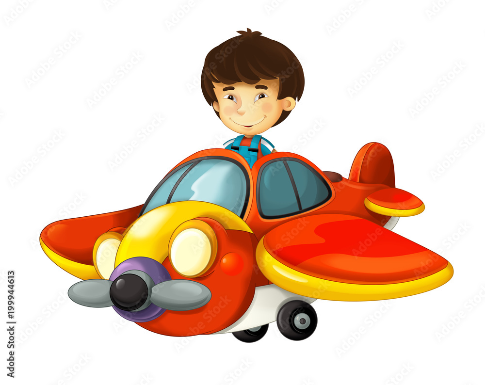 Wall mural cartoon happy scene with kid in toy traditional plane with propeller flying - illustration for child