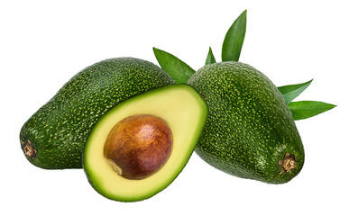 Fresh avocado with leafs isolated on white background with clipping path