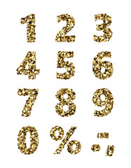 Naklejka premium Vector set of figures and signs with the effect of gold glitter. Shiny set for your creativity. You can create banners of sale, discount, cards with the date of birth, of the any holiday.